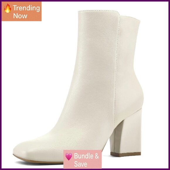 Women's Square Toe Ankle Boots Side Zipper Chunky Heel Mid Calf Booties
